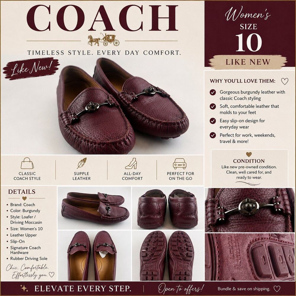 Coach Women’s Burgundy Leather Driving Loafers Horsebit Slip On Shoes